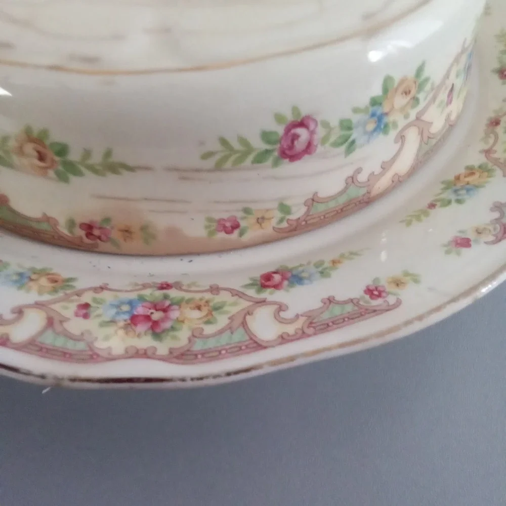 Antique Floral Ceramic Cheese Butter Dish Dome Lid Scalloped Gold Trim Shabby